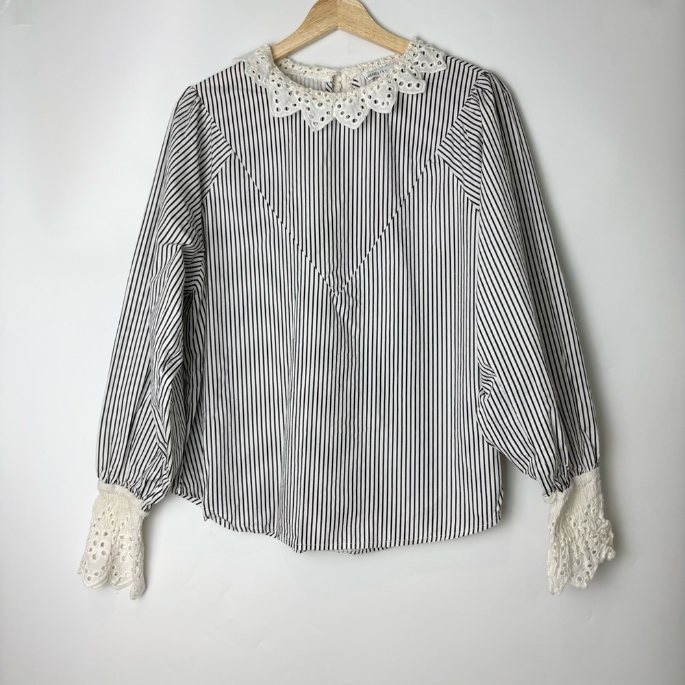 English Factory Long Sleeve Striped Blouse With Eyelet Lace Trim